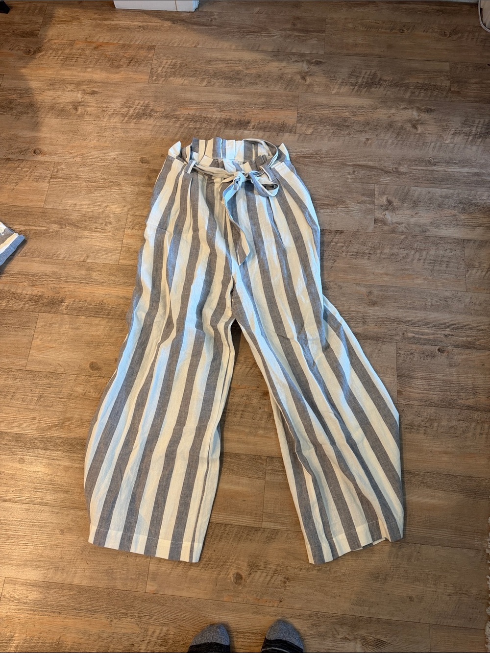 Olivaceous Beige and White Vertical Stripe Paperbag Waist Pants